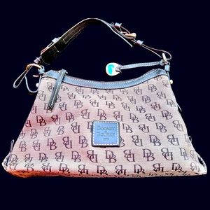 Vintage Dooney & Bourke Signature Monogram Canvas Hobo Bag Leather Trim Purse